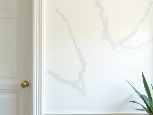 Vegg med håndmalt tapet med delikat kalligrafisk mønster i nordisk stil.